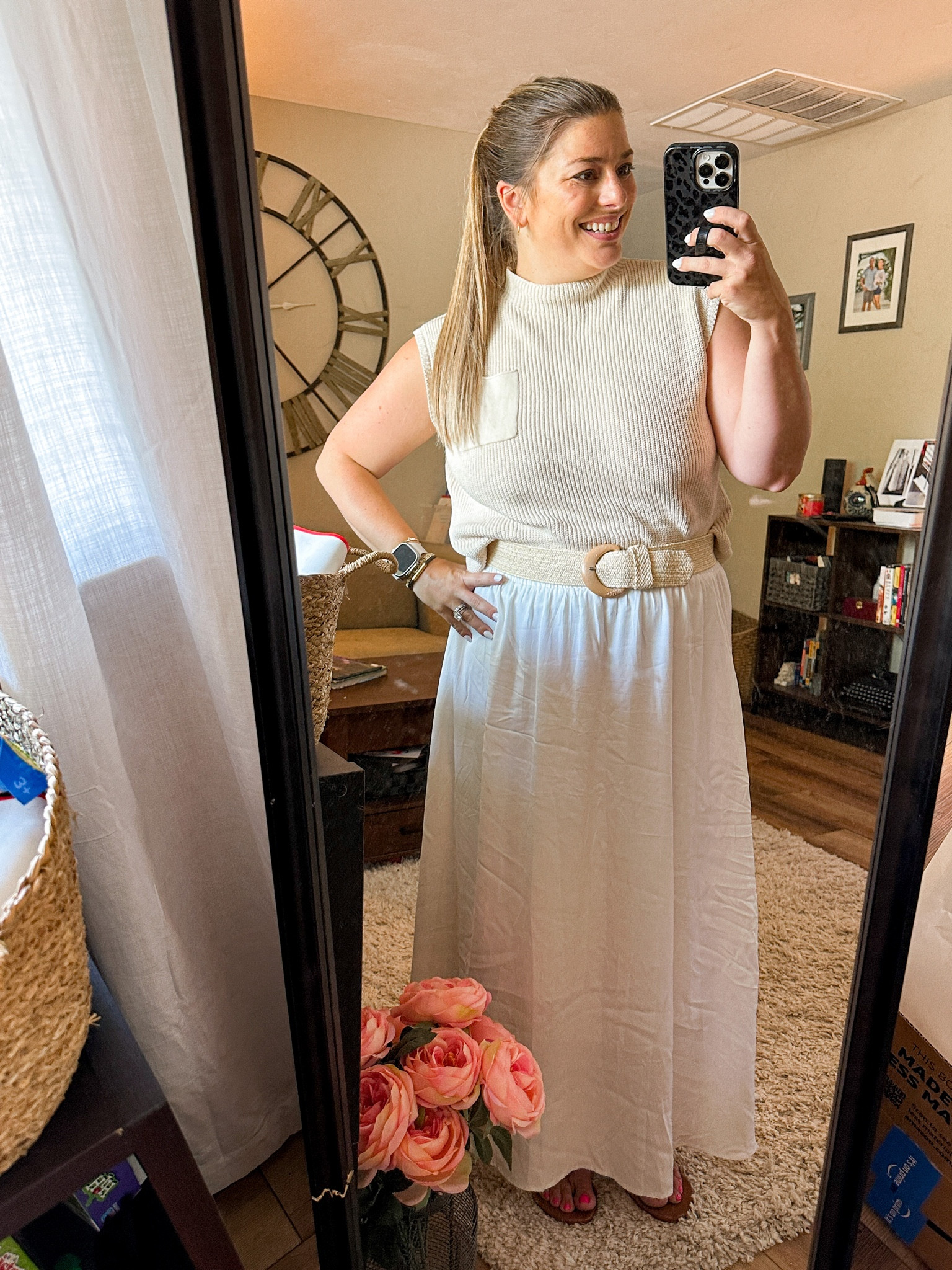 Sprucing up my “ in between” wardrobe (IYKYK) with this mixed and matched outfit. The skirt is so soft against the legs that are screaming at me after several brutal leg workouts so that’s good… 🫠. This is also perfect for the office - says I’m professional even though my attitude sometimes reflects less than that. 😂

#LTKstyletip #LTKunder100 #LTKworkwear