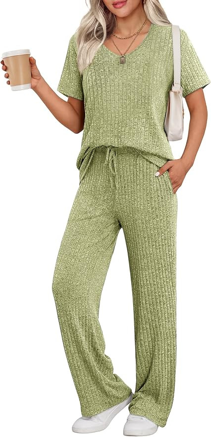 Ekouaer Womens Ribbed Knit Lounge Set Short Sleeve Top and Long Pants Sleepwear Pajama Set Two Pi... | Amazon (US)