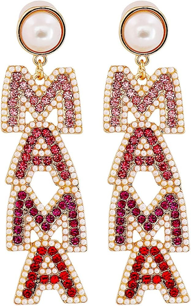 Long Pearl MAMA Letter Earrings Shining Rhinestone Crystal MAMA Earrings for Women Girls Jewelry | Amazon (US)