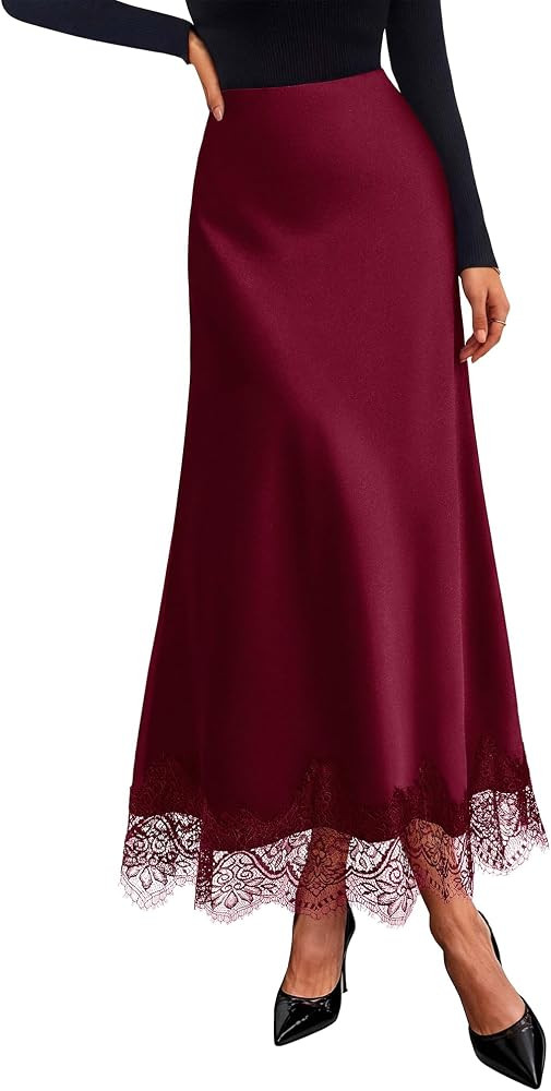 BTFBM Lace Trim Satin Skirts for Women Elegant | Amazon (US)