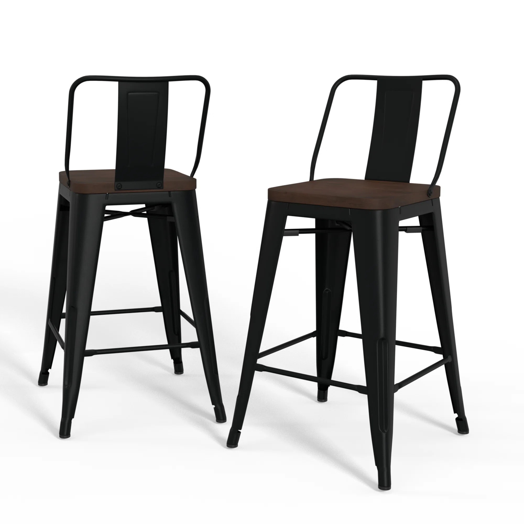Rayne Solid Wood and Metal Industrial Stool with Curved Back, Cross-Brace, and Footrest | Wayfair North America