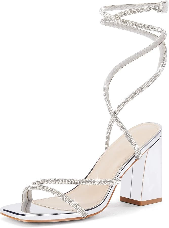 Coutgo Womens Lace Up Chunky Heels Rhinestone Sandals Square Open Toe High Block Heeled Wedding D... | Amazon (US)