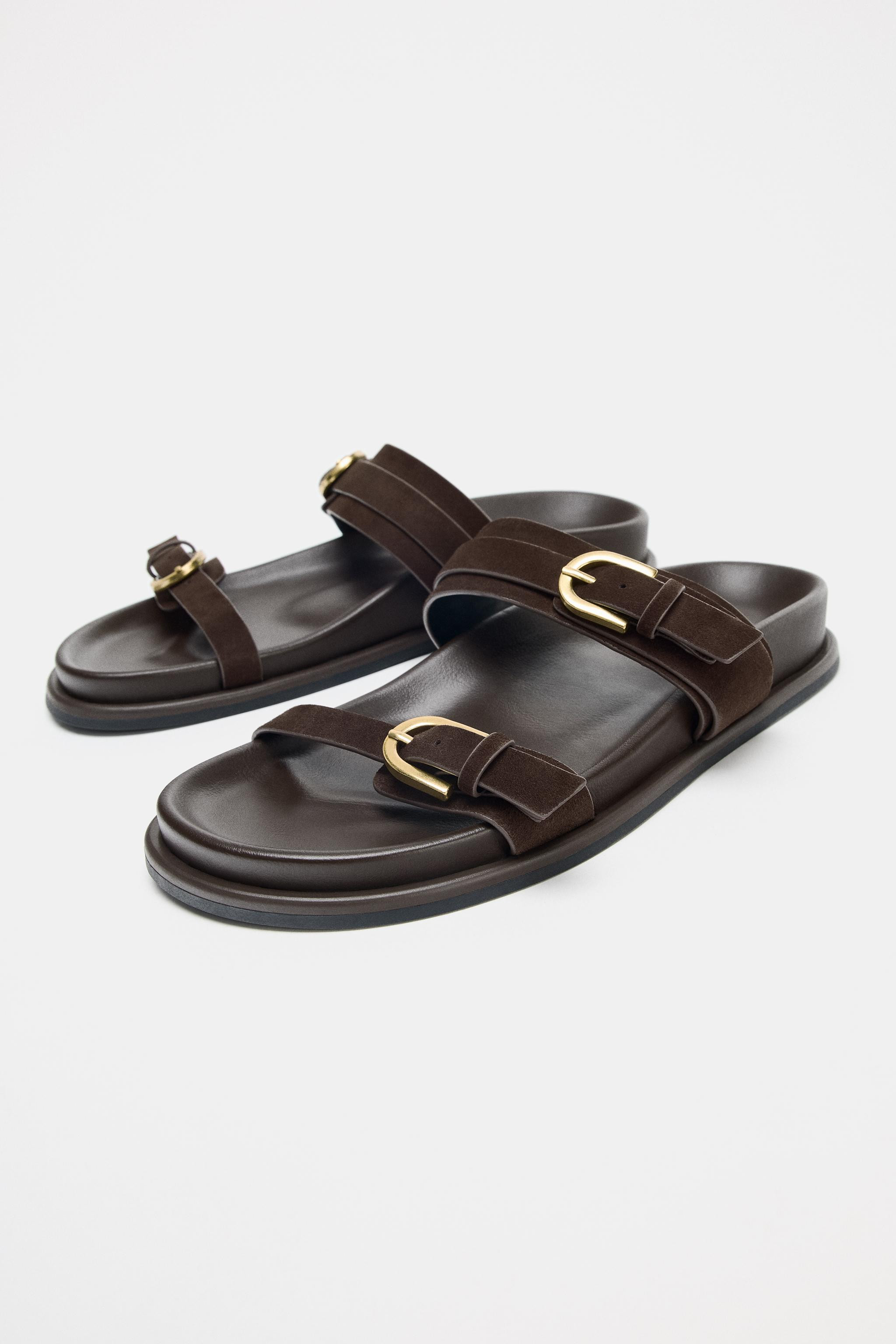 DOUBLE-BUCKLE LEATHER SANDALS | Zara US