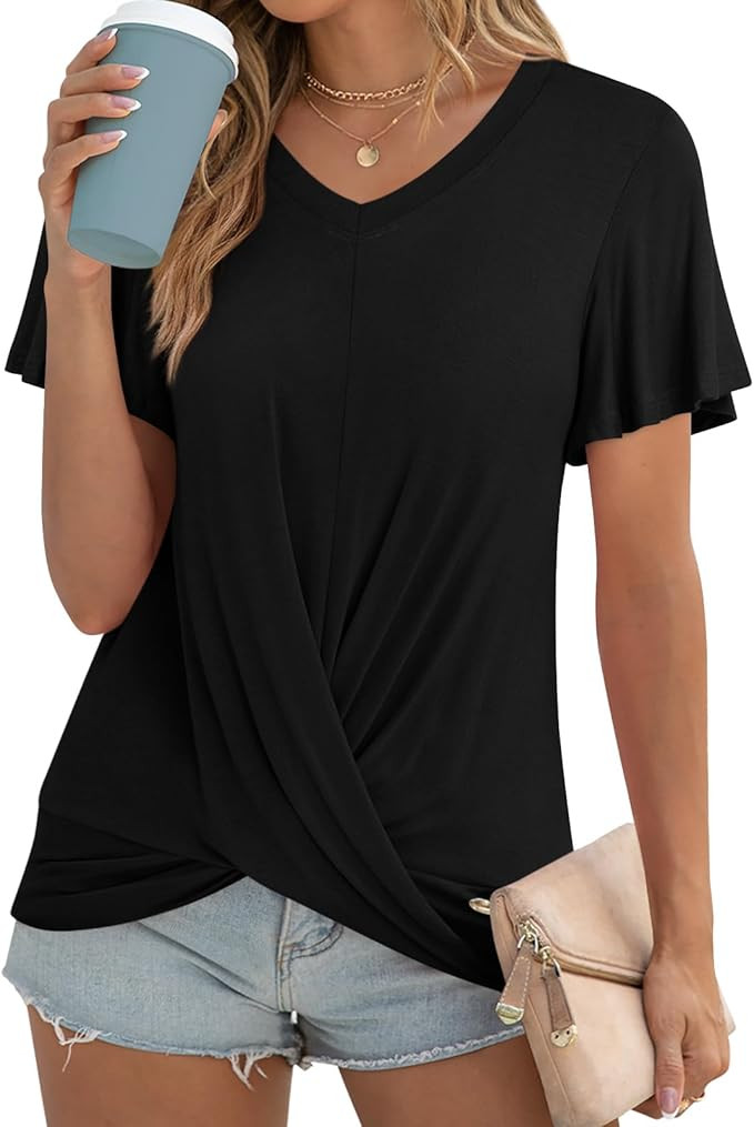 Addtoo Women's Summer 2024 Casual Tunic Wavy Short Sleeve Blouse Front Twist Tops Tee For Legging... | Amazon (US)