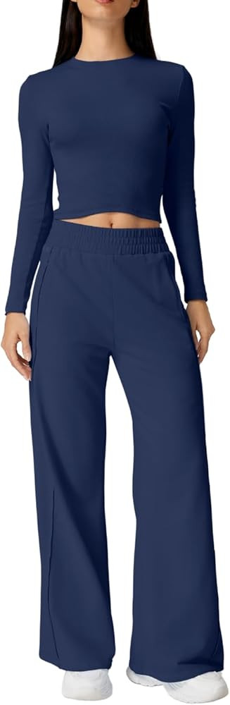 QINSEN Womens 2 Piece Sets Long Sleeve Slim Fit Crop Tops Wide Leg Pants Matching Lounge Set | Amazon (US)