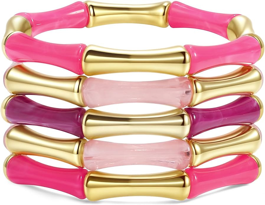 Gold Tube Bangle Bracelets for Women Stackable Bamboo Chunky Acrylic Beads Stretch Friendship Sum... | Amazon (US)