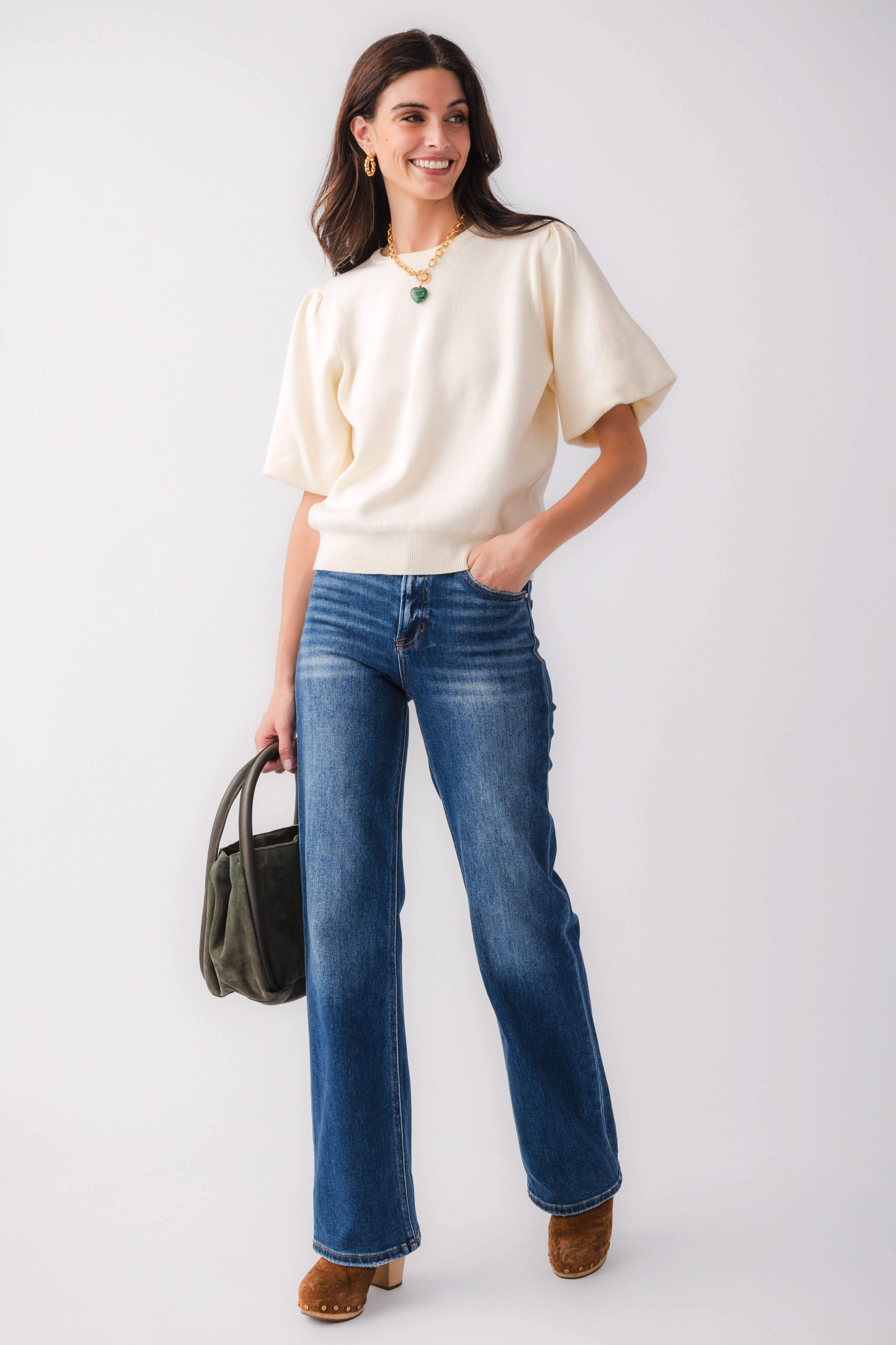Voy Solid Knit Bubble Sleeve Top | Social Threads