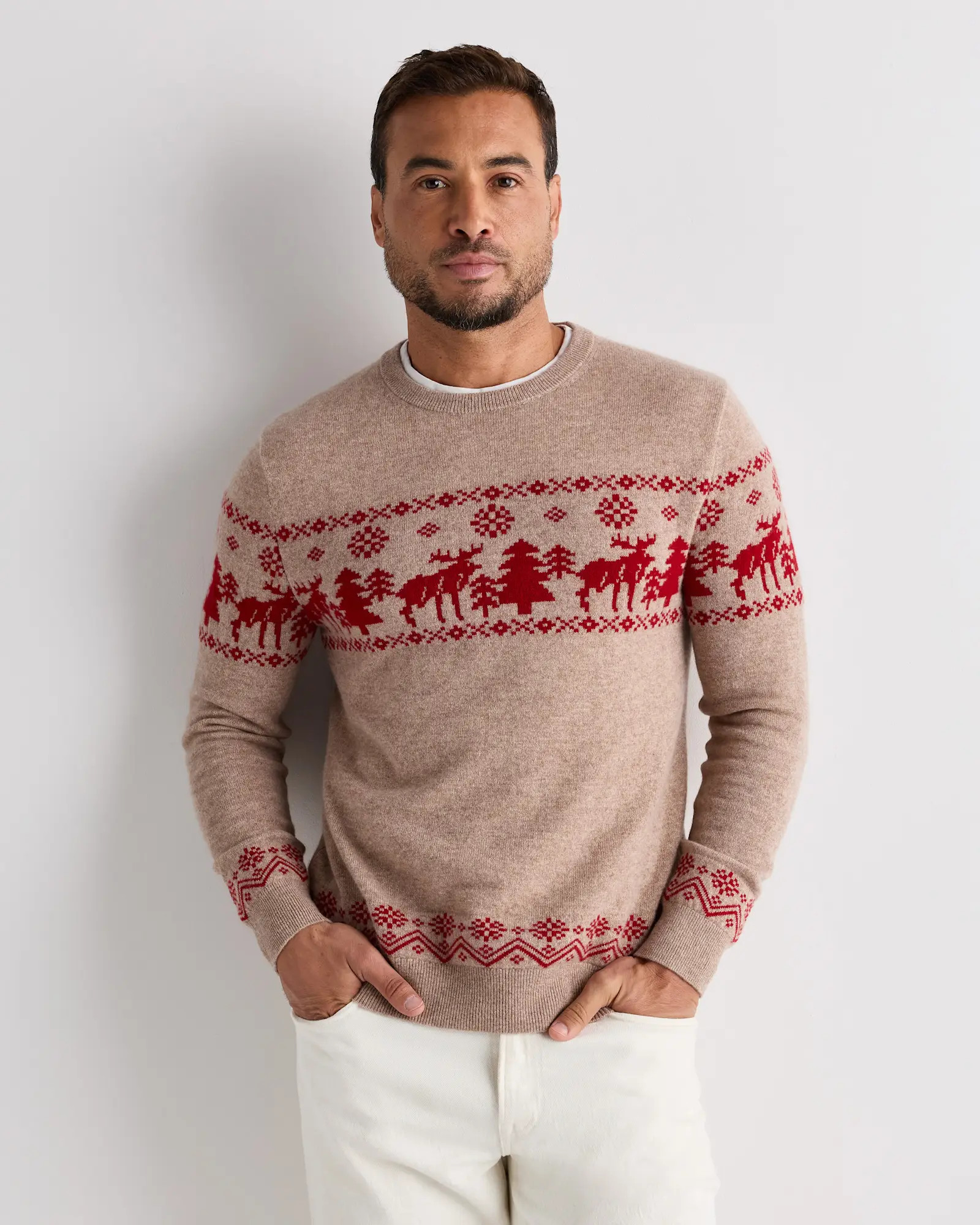 Men's Mongolian Cashmere Fair Isle Christmas Sweater in Oatmeal/Varsity Red | Quince