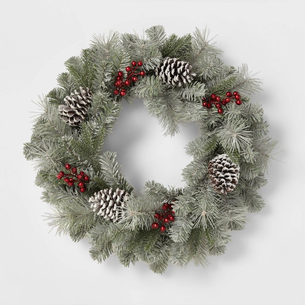 28"" Flocked Glittered Pine Artificial Christmas Wreath with Pinecones & Red Berries - Wondershop | Target