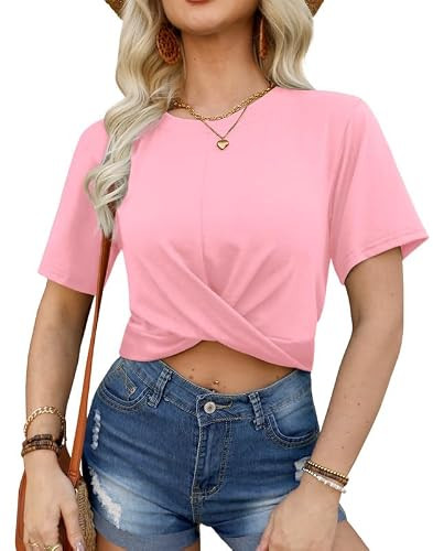 Women Summer Casual Knot Crop Top Cute Solid Trendy Tee Pink S | Amazon (US)