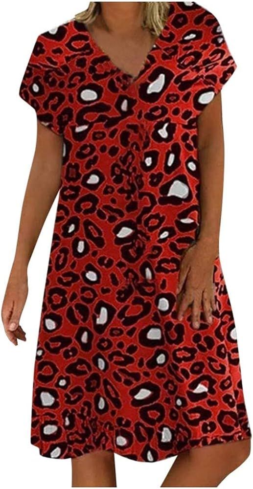 Womens Midi Dress Women Casual Boho Leopard Print Dress V Neck Short Sleeve Loose Vacation Dress | Amazon (US)