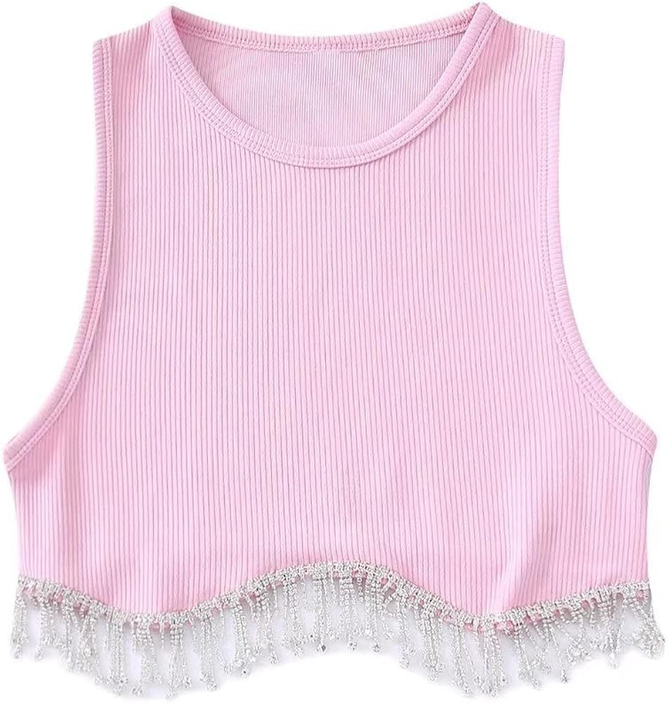 Lauweion Women’s Rhinestones Tassel Sleeveless Crop Top Diamond Decoration Fringe Racer Back Ribbed  | Amazon (US)