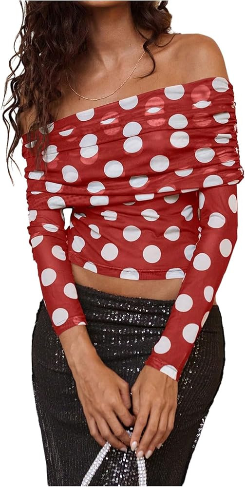 WDIRARA Mesh Polka Dots Long Sleeve Crop Top Tee Shirt | Amazon (US)