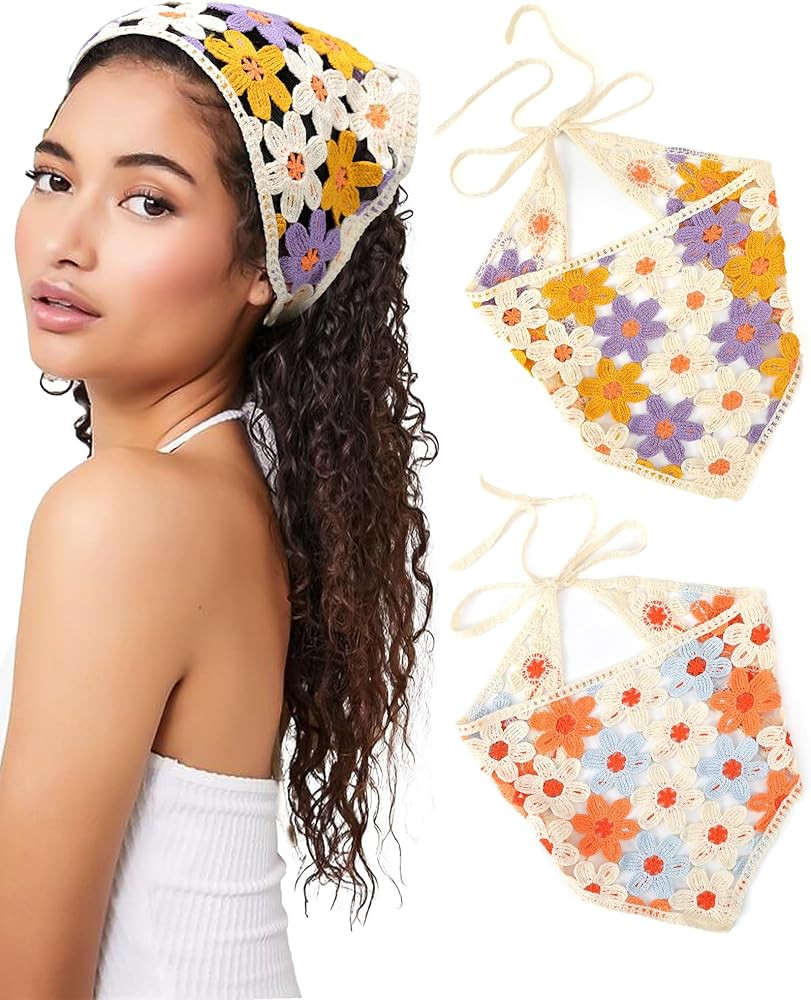 CHLINS 2 PCS Crochet Bandanas Floral Bandana Headband Tie Knitted Headscarf Hair Bandanas for Wom... | Amazon (US)