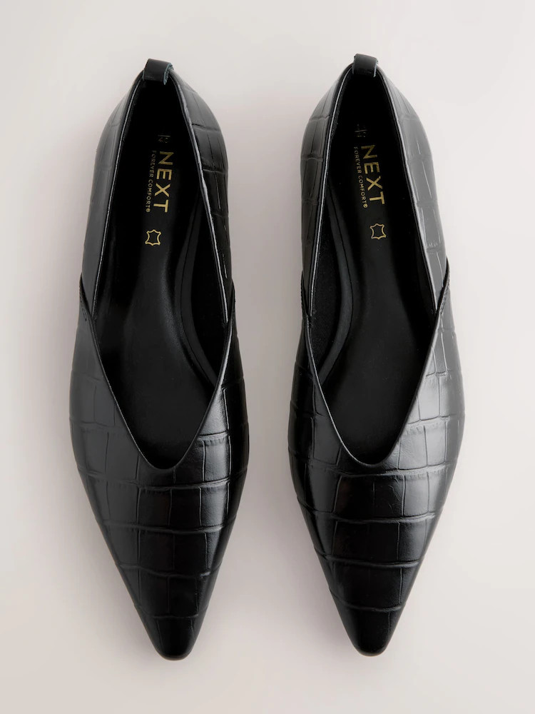 Black Croc Effect Premium Leather Pointed Toe Ballerinas | Next EU