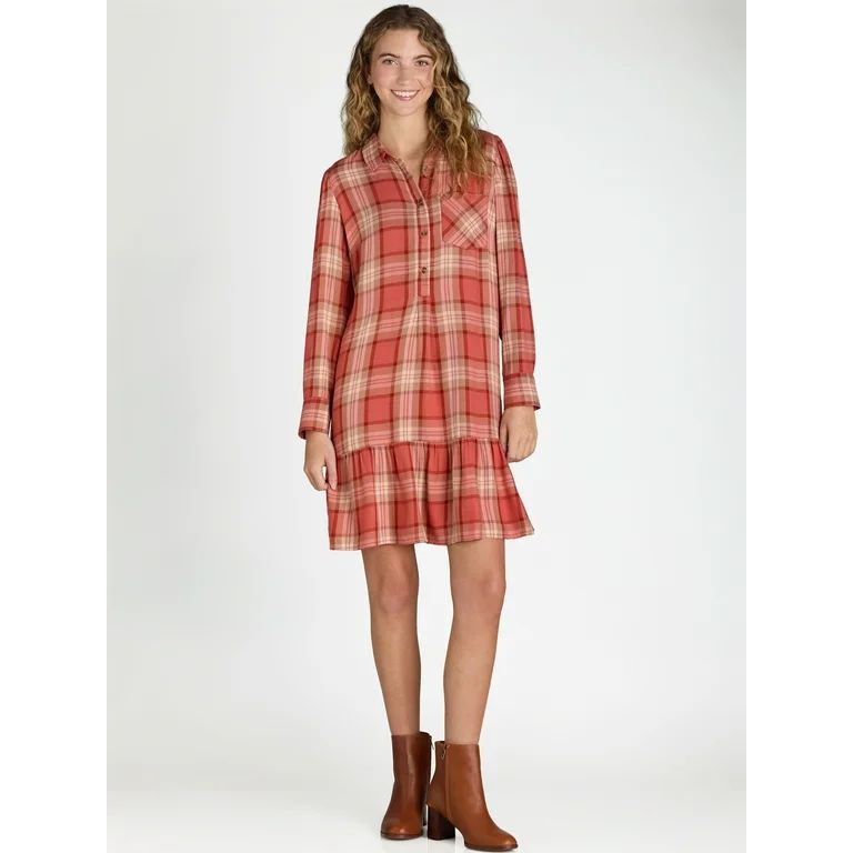 Time and Tru Ruffle Hem Mini Shirt Dress with Long Sleeves, Women's and Women's Plus, Sizes XS-4X | Walmart (US)