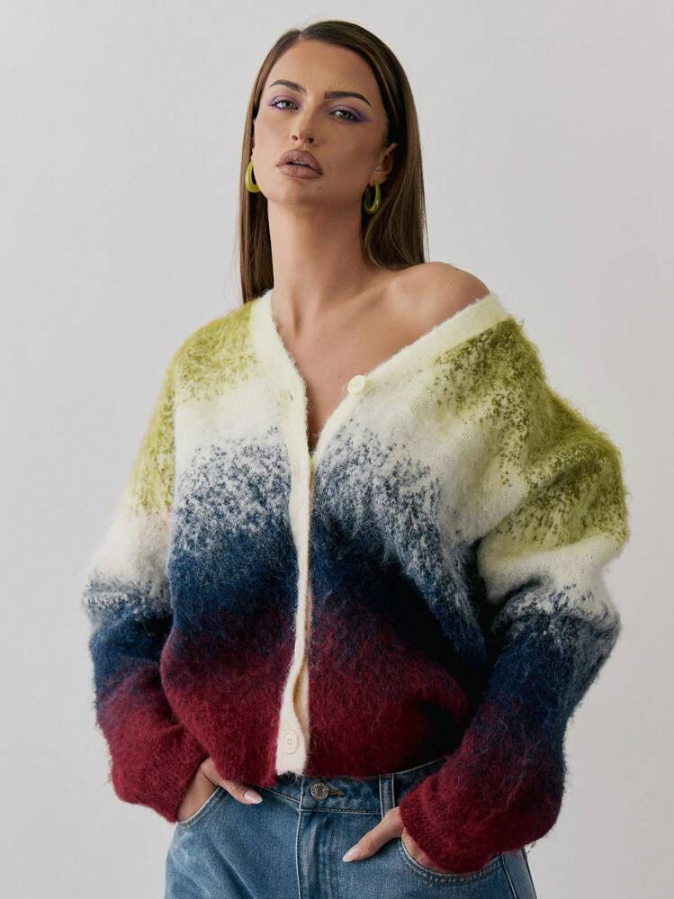 Gradient Knit Button Up V-Neck Cardigan Y2k Spring Casual Cute 90'S Sun Airport Holiday Oversized Festival Fall Back To School Autumn Winter Everyday | SHEIN