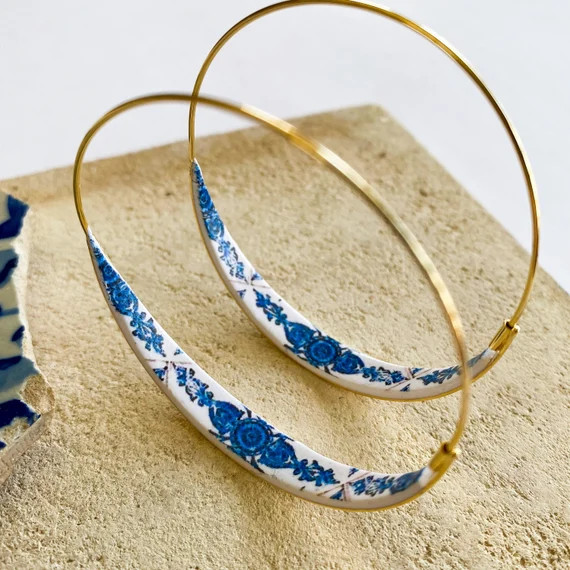 Flat Hoop Earrings with Portuguese Tiles Portugal Tile Hoop | Etsy | Etsy (US)