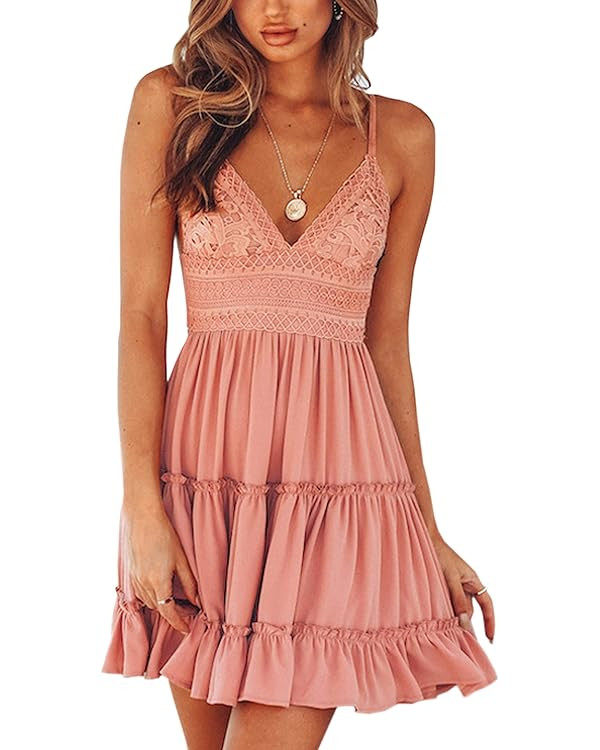 ECOWISH Womens V-Neck Spaghetti Strap Bowknot Backless Sleeveless Lace Mini Swing Skater Dress | Amazon (US)