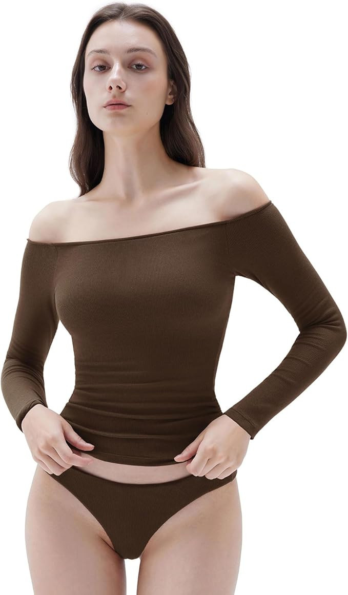 SUUKSESS Women Padded Off The Shoulder Tops Ribbed Long Sleeve Shirts Fall Basic | Amazon (US)