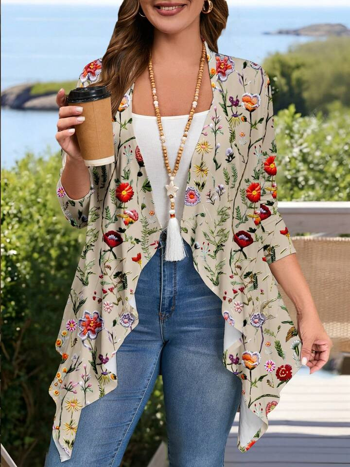 EMERY ROSE Plus Size Women Casual Floral Printed Summer Jacket | SHEIN