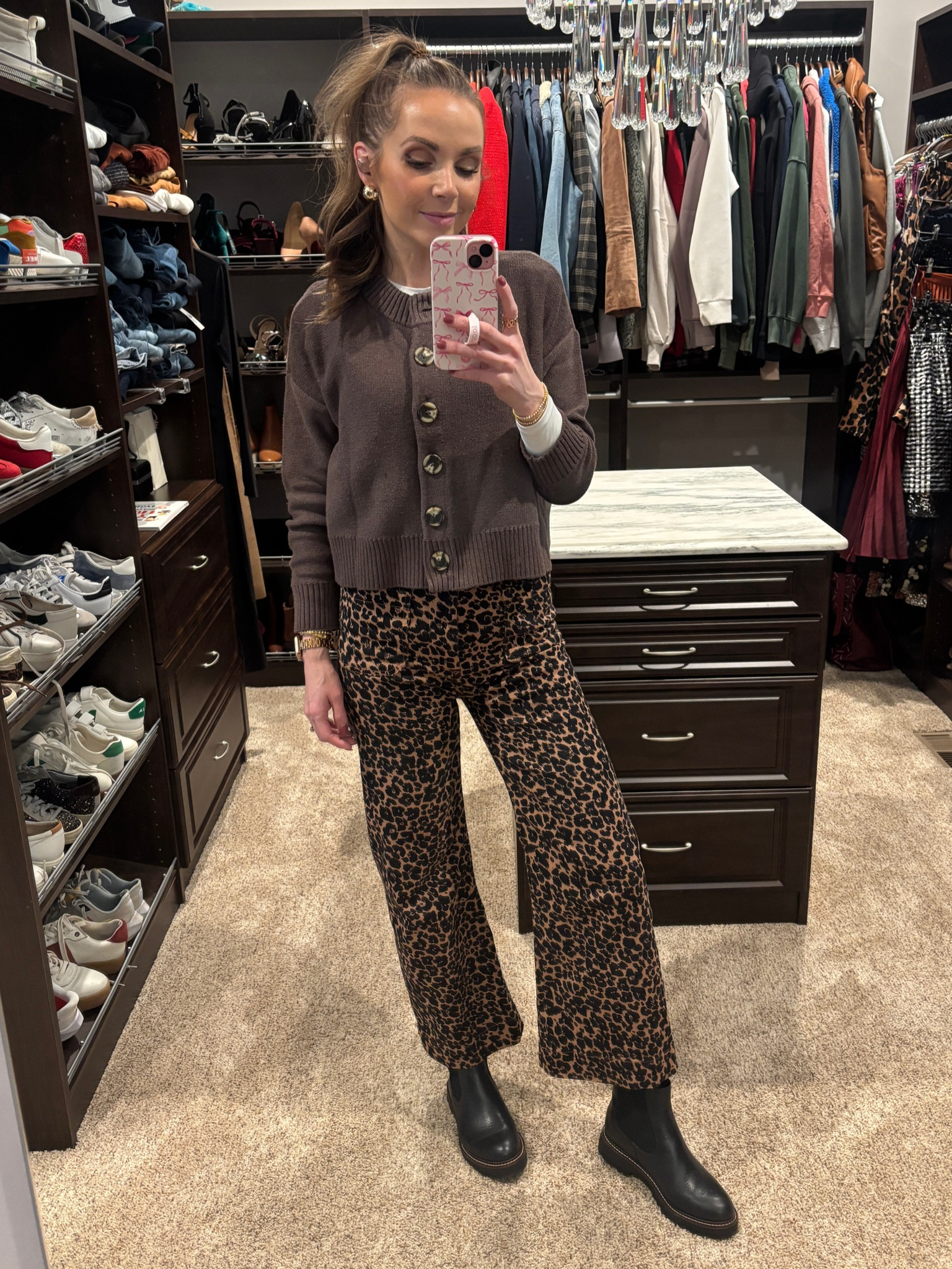Monday outfit with leopard pants and a gorgeous brown cardigan sweater 