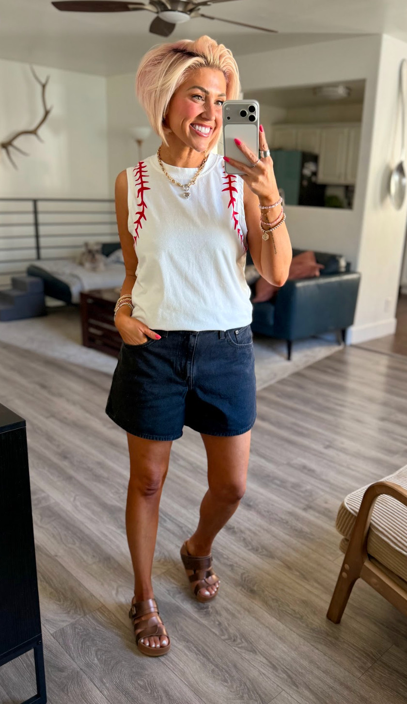 Loving my new baseball tank! Perfect for game day. Tank: Small // Shorts: 28. // Sandals: TTS 

 #LTKootd #LTKSaleAlert