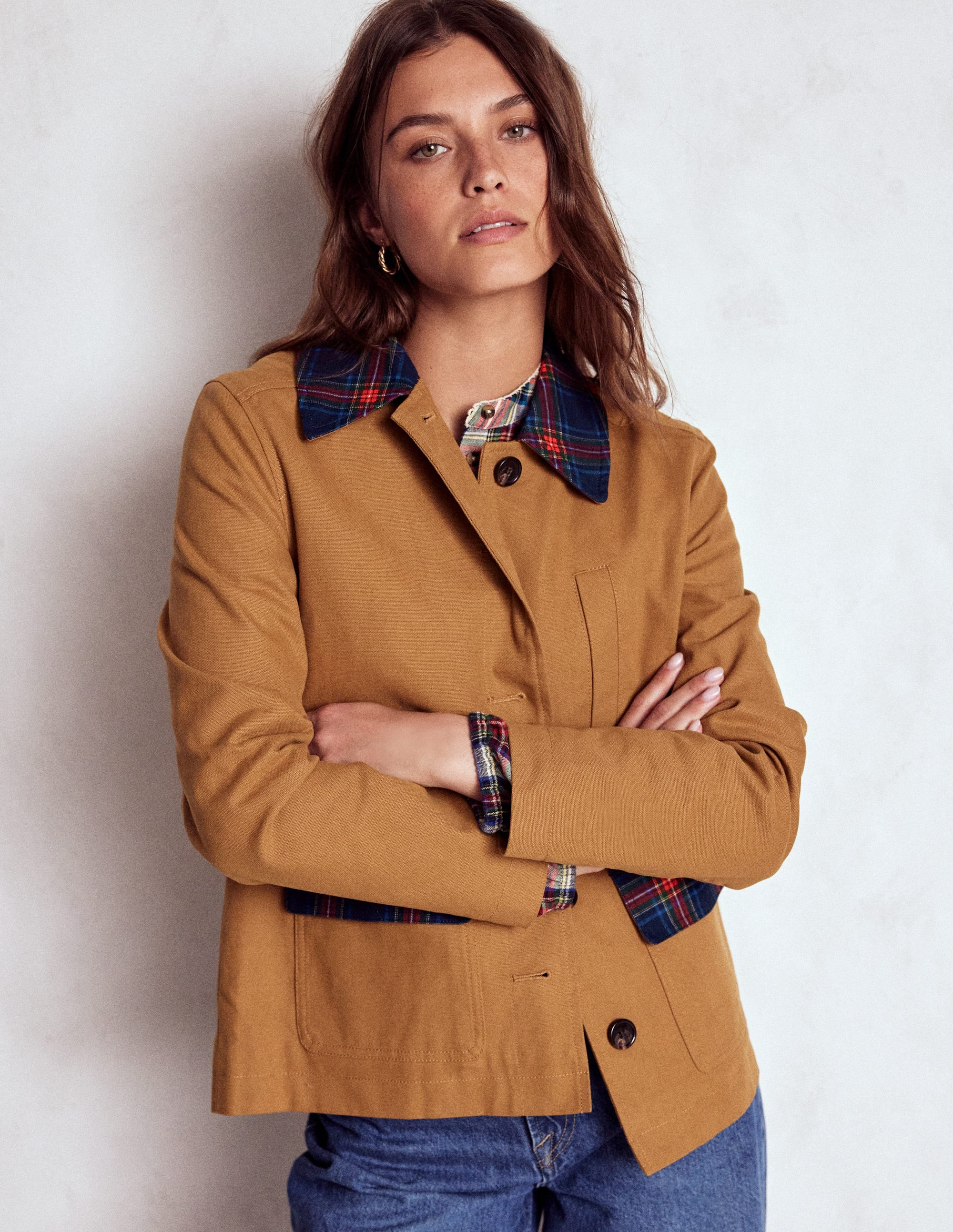 Canvas Barn Jacket-Hazelnut Brown, Check | Boden UK