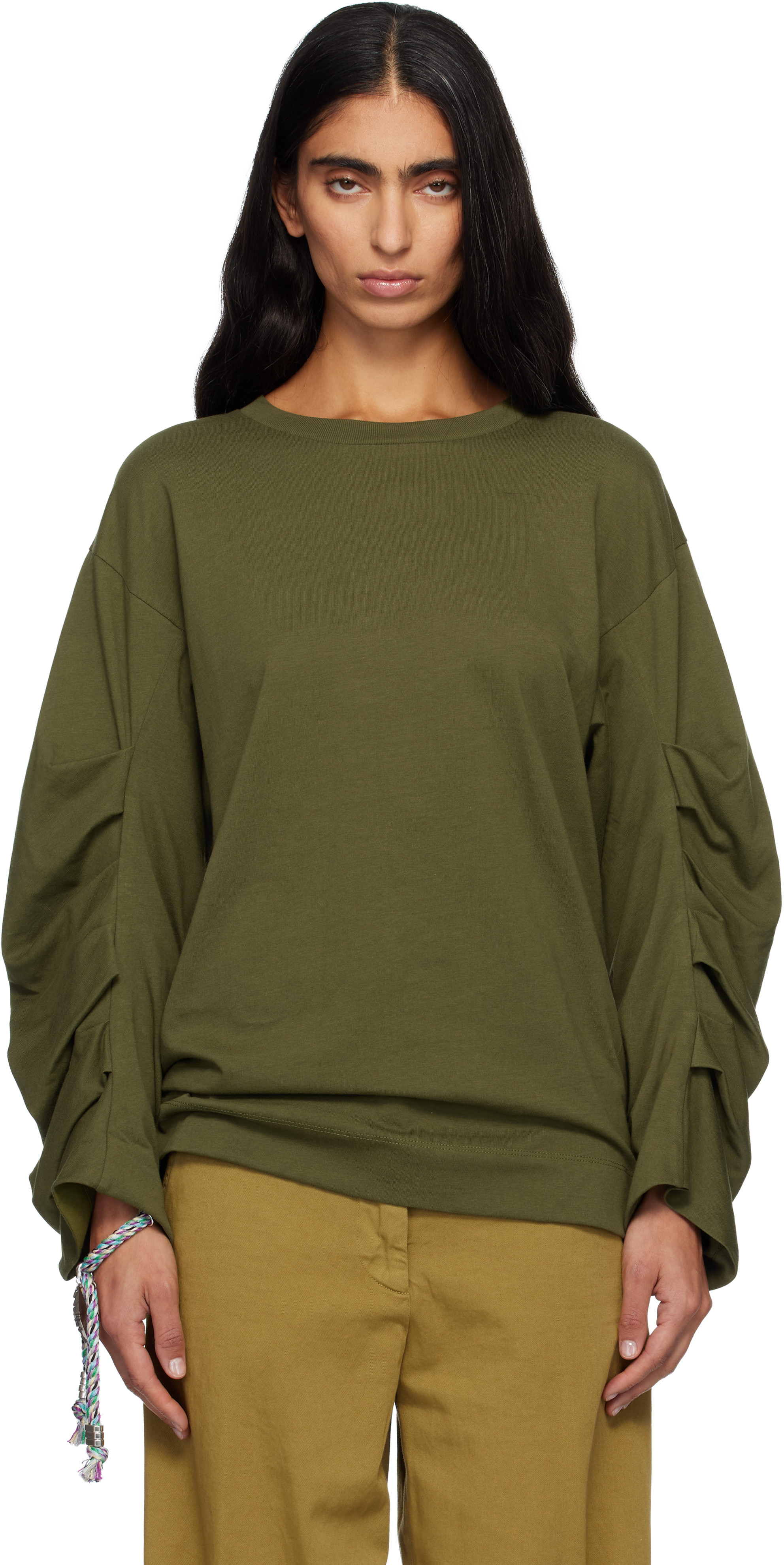 Dries Van Noten Green Pleated Sleeves Sweatshirt | SSENSE