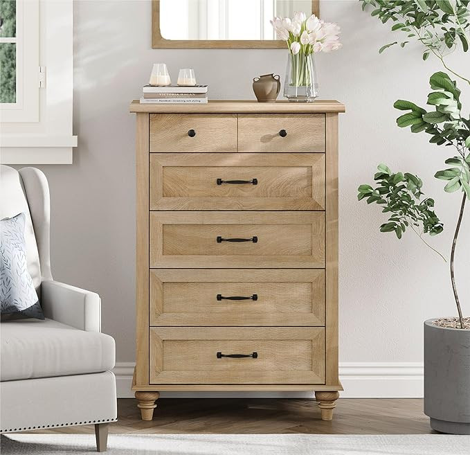 WAMPAT Oak Dresser for Bedroom with 5 Drawers, Tall Kids Dressers with Wide Chest of Drawers, Mid... | Amazon (US)