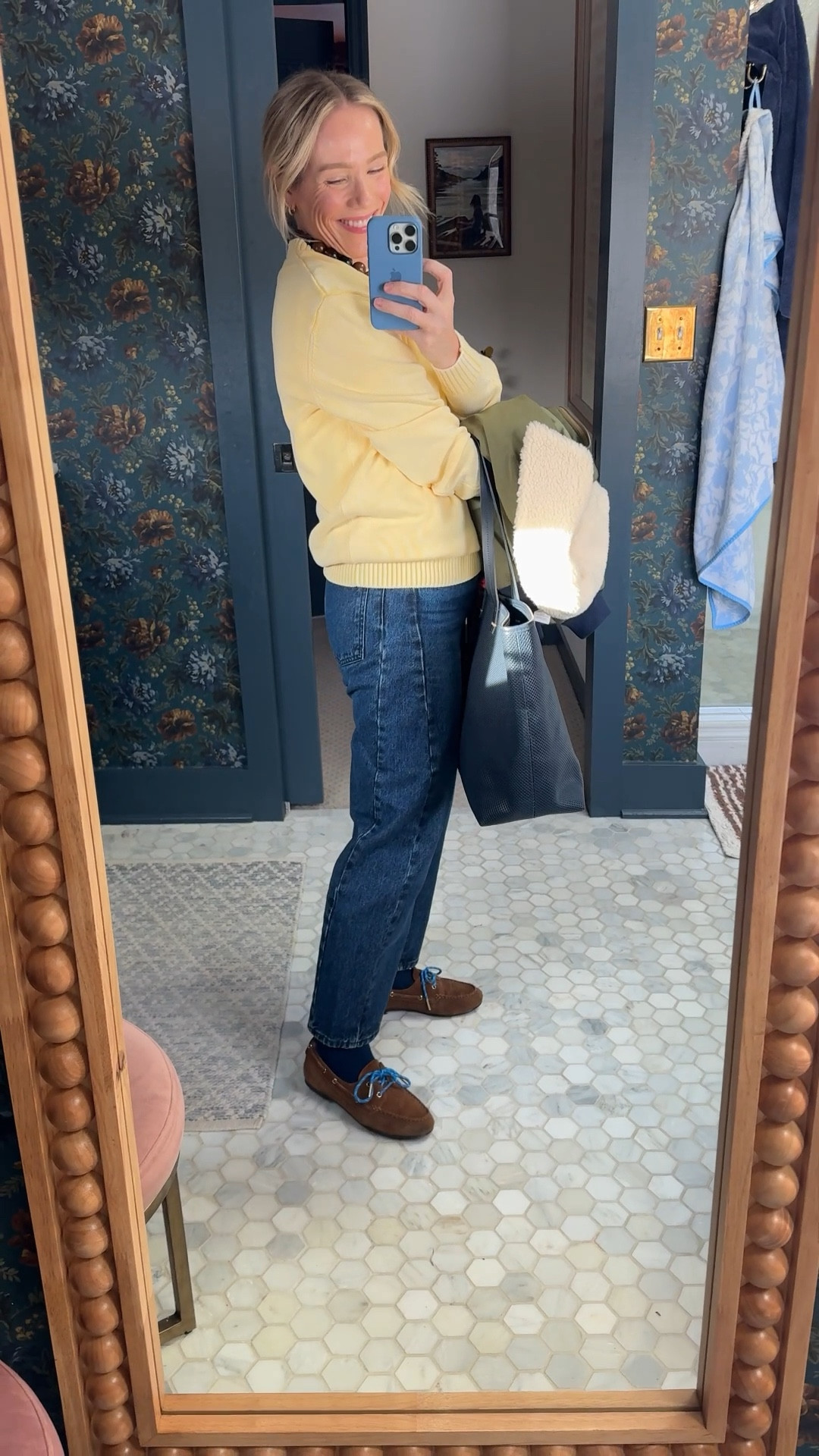 Tuckernuck yellow sweater code YOUROCK color is gorgeous & has a subtle washed feel at the sleeves/collar,

wearing my regular size, standard length in Madewell jeans but go with the size above if you're in between, also linked designer Mother style which I tried but had to return since they were too small in the waist so size up there for sure ~ wearing my regular size small in madewell favorite white tee & Boden jacket true to size, Clare V navy tote ~ Madewell boat shoe loafers are true to size, laces sold separately & linked similar form Sezane & J.Crew ~ everyday eby underwear size up to medium, pepper bra, Bauble bar earring stack ~ xo, Claire

#LTKSeasonal #LTKmomlife #LTKOver40