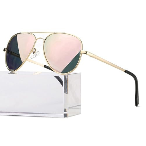 HJSTES Polarized Aviator Sunglasses for Women Men Classic Metal Shades Mirror Lens 100% UV Blocking, 58mm(Glod Frame/Pink Mirrored) | Amazon (US)