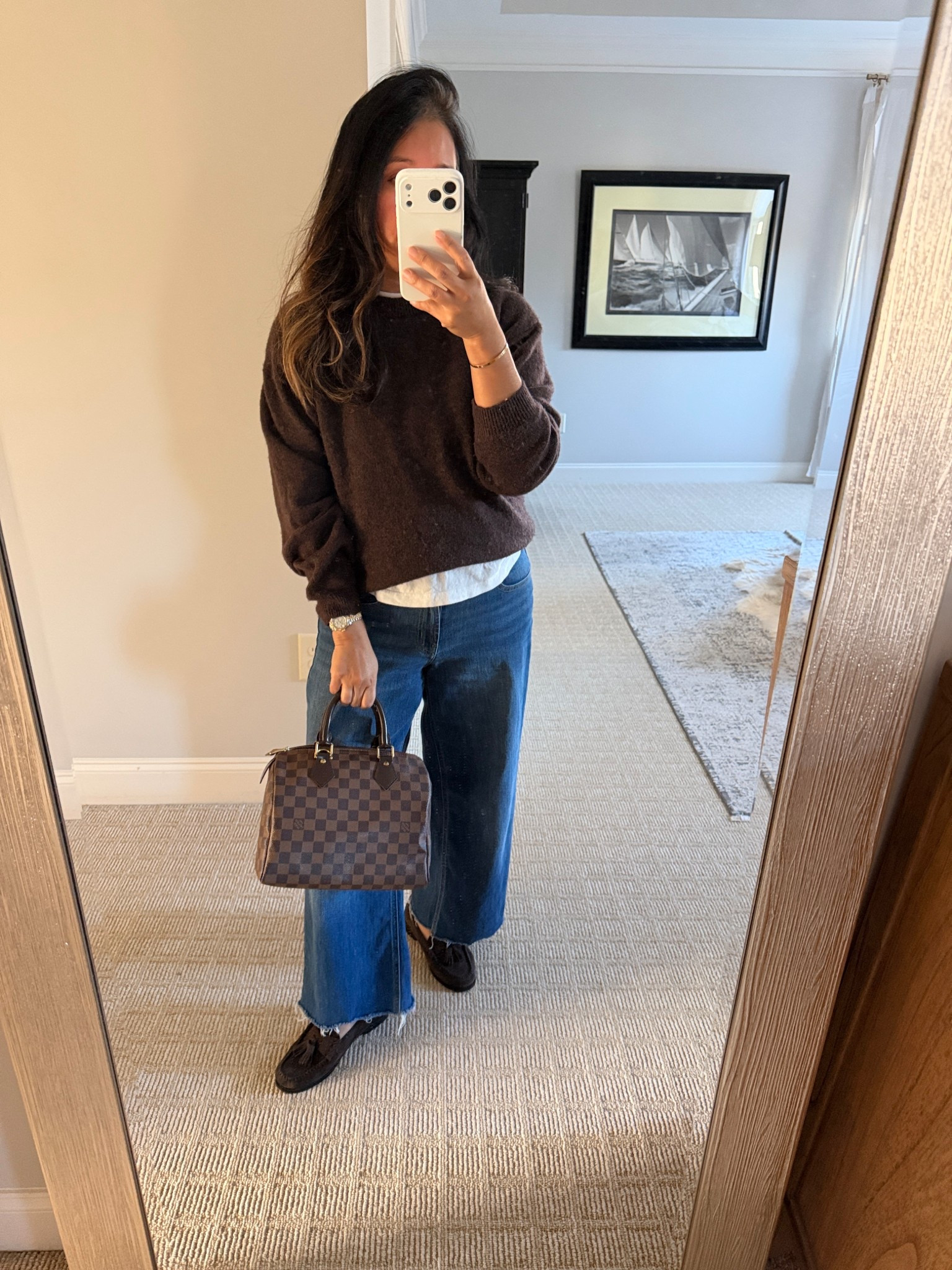 Classic style look 
Brown sweater - small TTS 
Dark blue denim - 8 petite I cut hems 
Brown suede loafers -old 

#LTKootd #LTKOver40