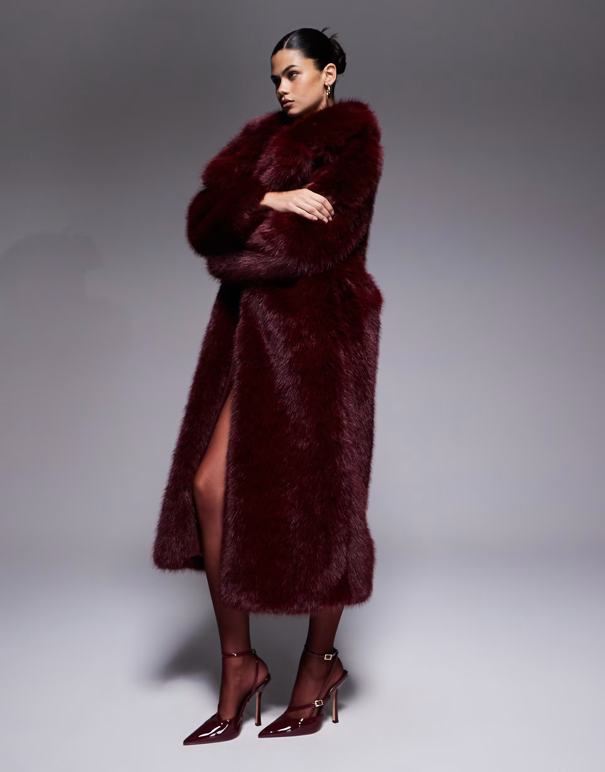The Frolic exclusive faux fur maxi oversized collar maxi coat in dark cherry | ASOS (Global)