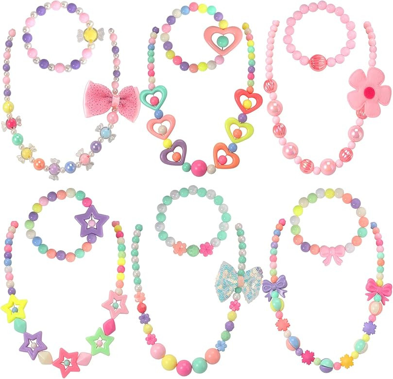 PinkSheep Beaded Necklace and Beads Bracelet for Kids, 6 Sets, Little Girls Jewelry Sets, Favors Bag | Amazon (US)