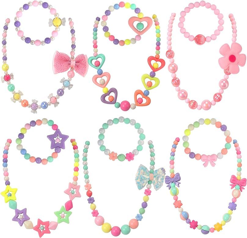 PinkSheep Beaded Necklace and Beads Bracelet for Kids, 6 Sets, Little Girls Jewelry Sets, Favors Bag | Amazon (US)