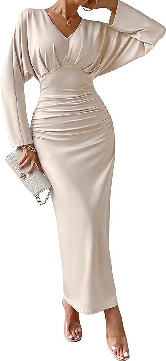 WDIRARA Women's Ruched High Waist Bodycon Maxi Dress V Neck Bishop Long Sleeve Casual Long Dresse... | Amazon (US)