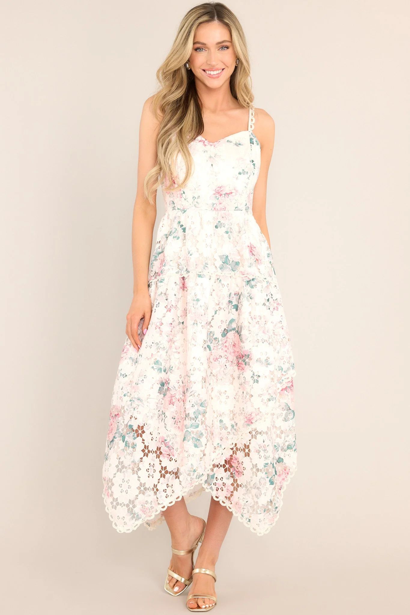 Flirt For Fun Ivory Floral Print Lace Midi Dress | Red Dress