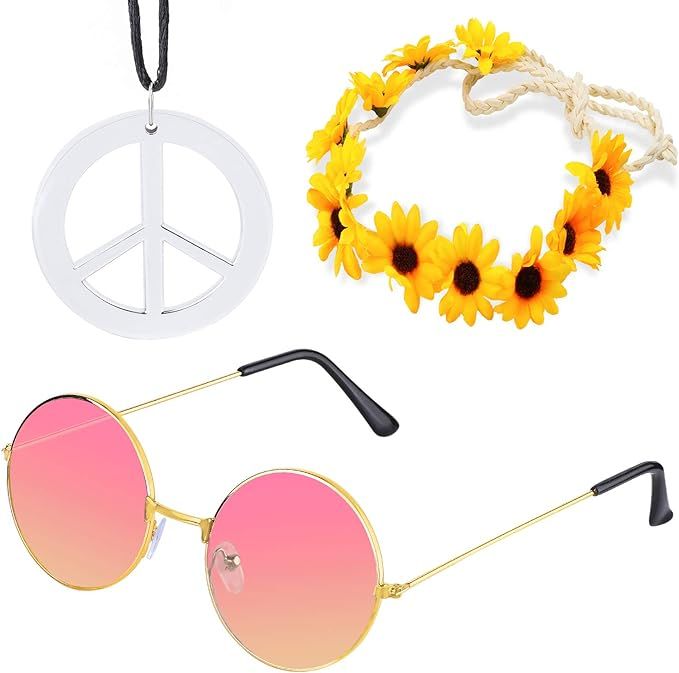 Beelittle Women Hippie Costume Set - 60's 70s Style Retro Vintage Glasses Peace Sign Necklace Sun... | Amazon (US)