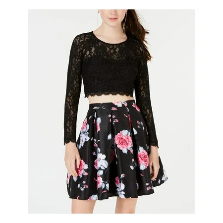 SEQUIN HEARTS Womens Black Glitter Lace Long Sleeve Crop Top Formal Top Size 11 | Walmart (US)