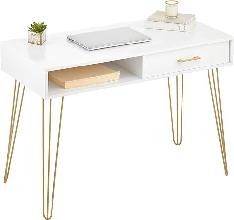 mDesign Metal/Wood Modern Computer Desk - Minimalist Desk and Computer Table with Drawer - Simple... | Amazon (US)