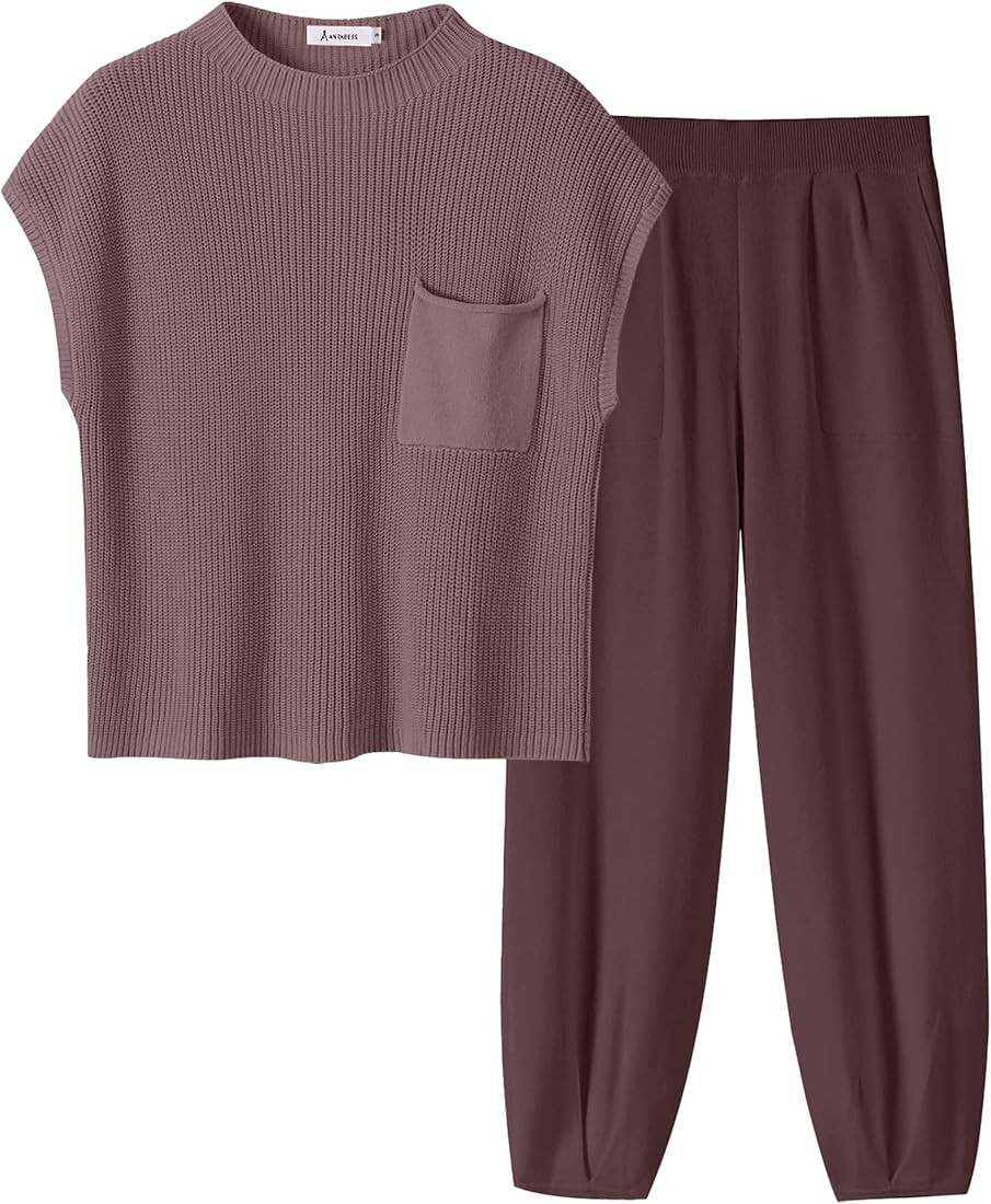 ANRABESS Women's Two Piece Outfits Knit Sweater Pullover Crop Top & Pants Lounge Matching Tracksu... | Amazon (US)