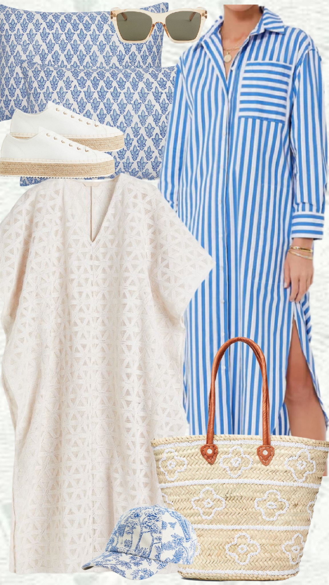 Summer finds! #womensfashion #home #blueandwhite #dresses #vacationlooks #hat #strawbag #beachbag 