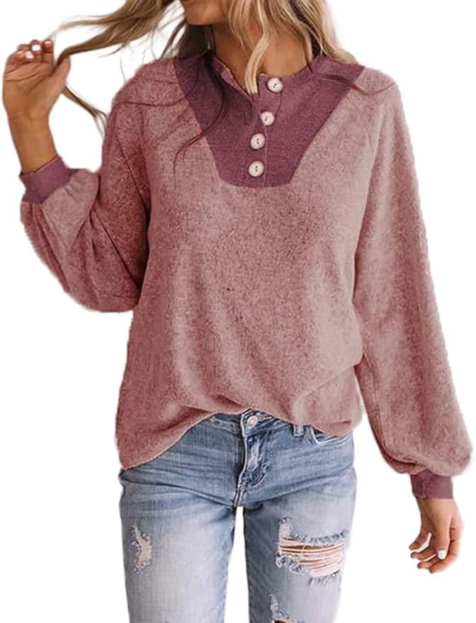 Ladmous Women's Henley Shirts Long Sleeve Color Block Patchwork Tops Button Tunic Casual Loose Bl... | Amazon (US)