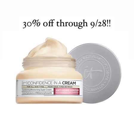 30% off the iT Cosmetics “Confidence in a Cream” Moisturizer.  This one is really great for people with dry skin. 

Moisturizer, Skincare, skin, skincare products, anti aging, healthy skin, dry skin, face products, beauty products

#LTKbeauty #LTKsalealert #LTKunder50