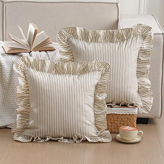 Tegeme Ruffled Khaki and Beige Striped Pillow Cover Boho Rustic Farmhouse Cute Decorative Pillowc... | Amazon (US)