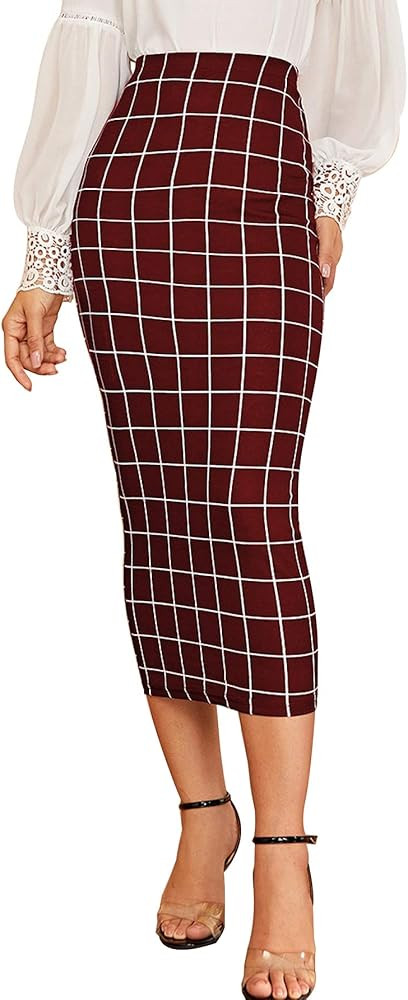 Verdusa Women's Elegant Plaid Elastic Waist Bodycon Midi Skirt | Amazon (US)