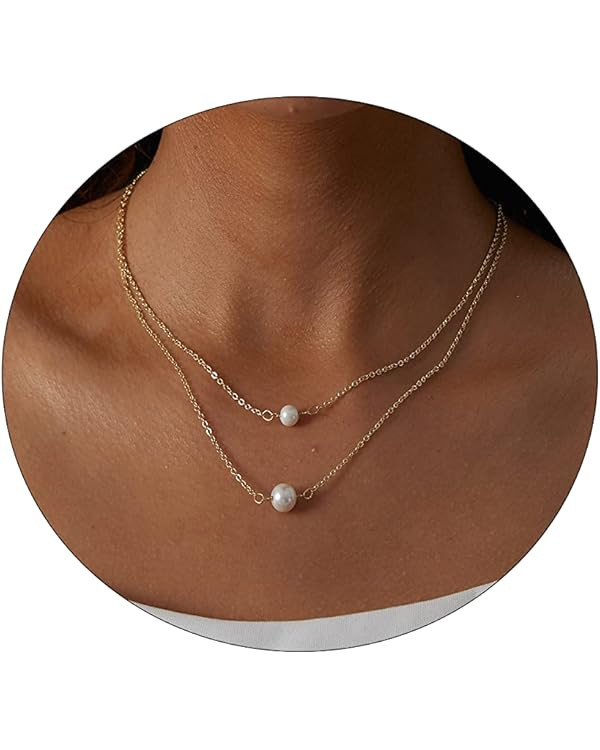 Sewyer Dainty Pearl Pendant Necklaces for Women 14K Gold Plated Handmade Layered Pearl Chain Neck... | Amazon (US)