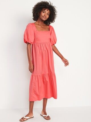Fit &#x26; Flare Puff-Sleeve Cotton-Poplin Smocked All-Day Midi Dress for Women | Old Navy (US)