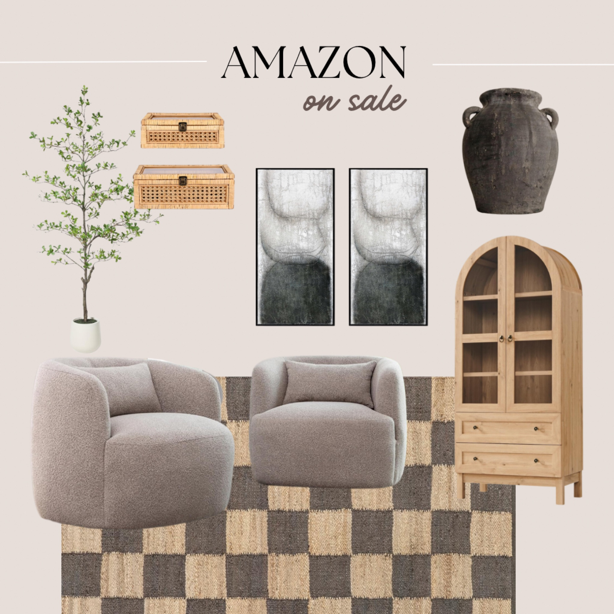 Amazon home decor on sale!
Oak arched cabinet, checkered jute rug, rattan display boxes, shady lady black olive tree sale, taupe swivel chairs, abstract black and white canvas art

#LTKSaleAlert #LTKFindsUnder100 #LTKHome